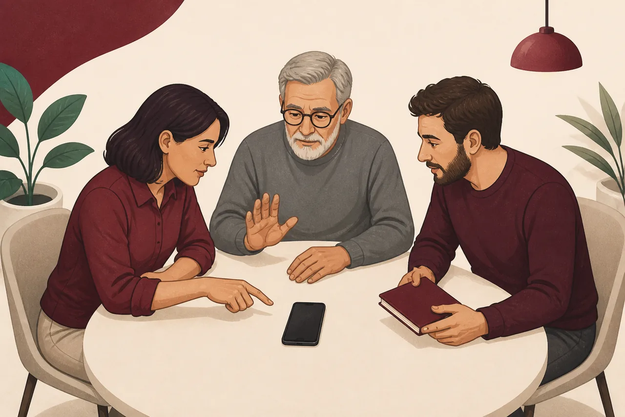 Três pessoas de diferentes idades analisam juntas uma mensagem suspeita antes de agir